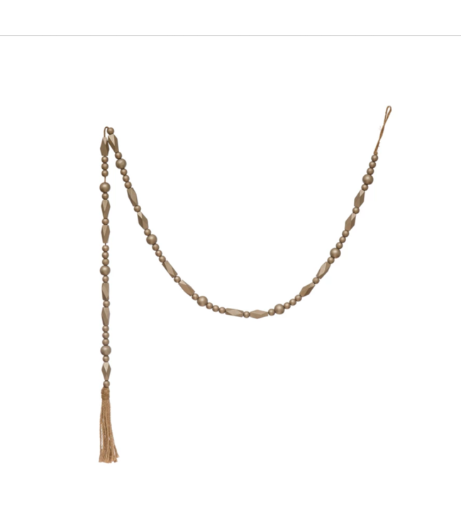 Creative Co-Op Paulownia Wood Bead Garland with Jute Tassel, Pewter Color