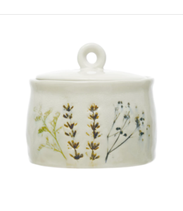 Creative Co-Op Debossed Stoneware Floral Canister with Lid, Reactive Crackle Glaze