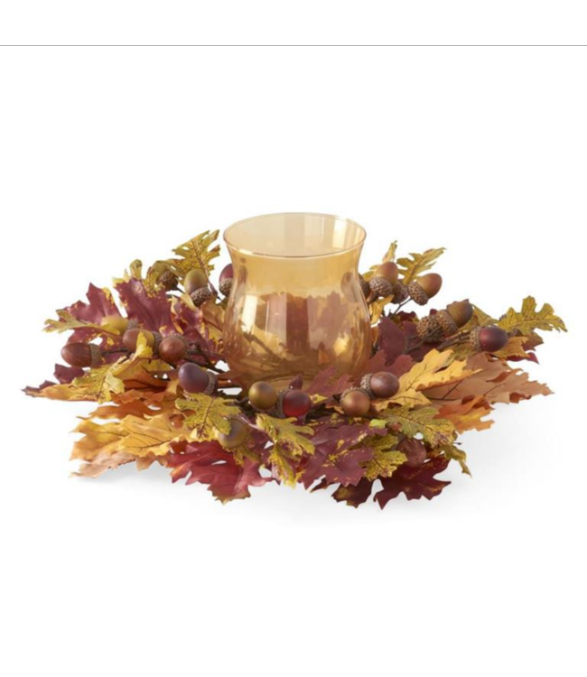 K&K Interiors Multi Color Fall Oak Leaves Candle Ring w/Amber Glass Hurricane