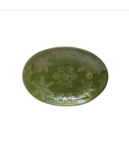 Creative Co-Op Oval Debossed Stoneware Platter with Snowflakes, Reactive Glaze, Green