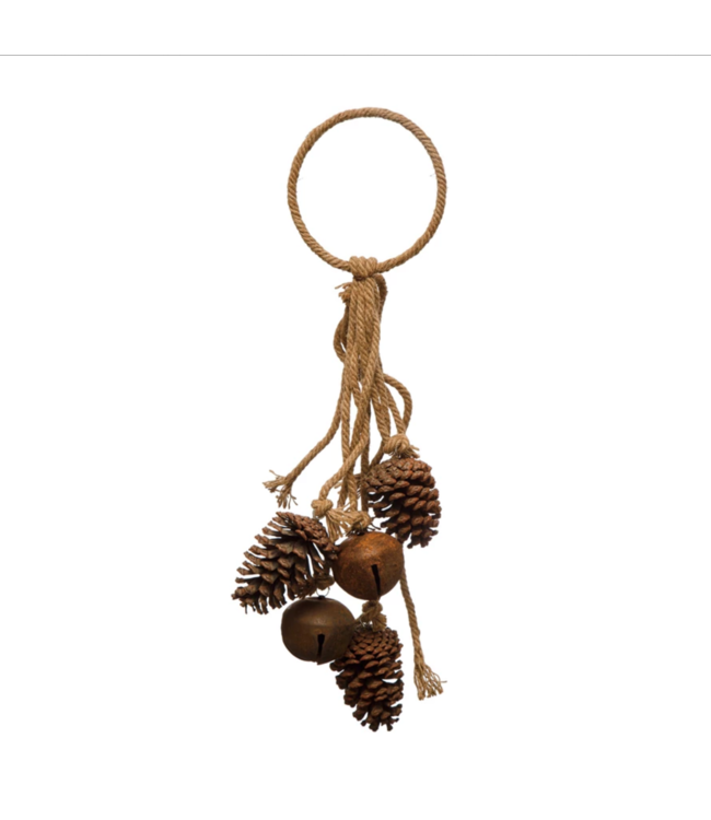 Creative Co-Op Jute Rope Door Hanger with 2 Jingle Bells and Pinecones, Rust Color