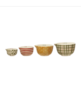 Creative Co-Op Cup Stoneware Measuring Cups with Patterns- Set of 4