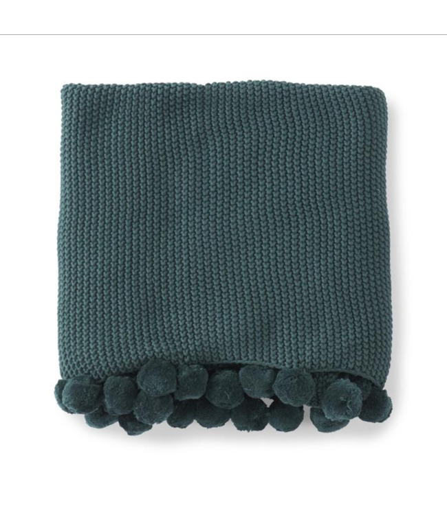 K&K Interiors Hunter Green Stitch Knit Throw w/Pompom Trim