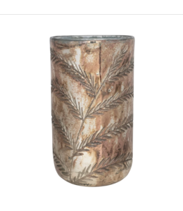 Creative Co-Op Etched Glass Hurricane, Antique Silver Finish