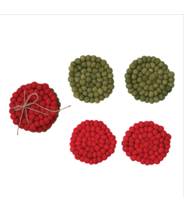 Creative Co-Op Handmade Wool Felt Ball Coasters, Red and Green, Set of 4