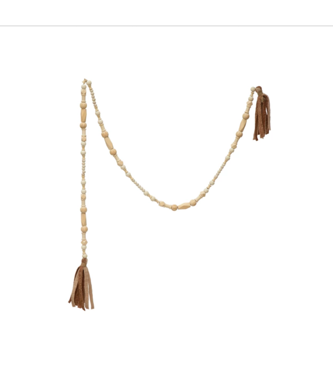 Creative Co-Op Paulownia Wood Bead Garland with Fabric Tassels