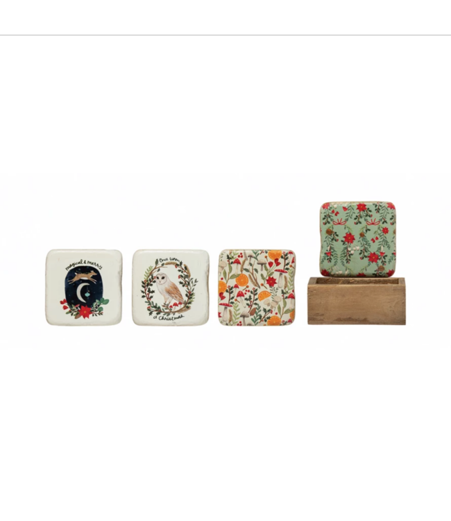 Creative Co-Op Resin Coasters with Floral Prints and Holiday Images in Wood Box