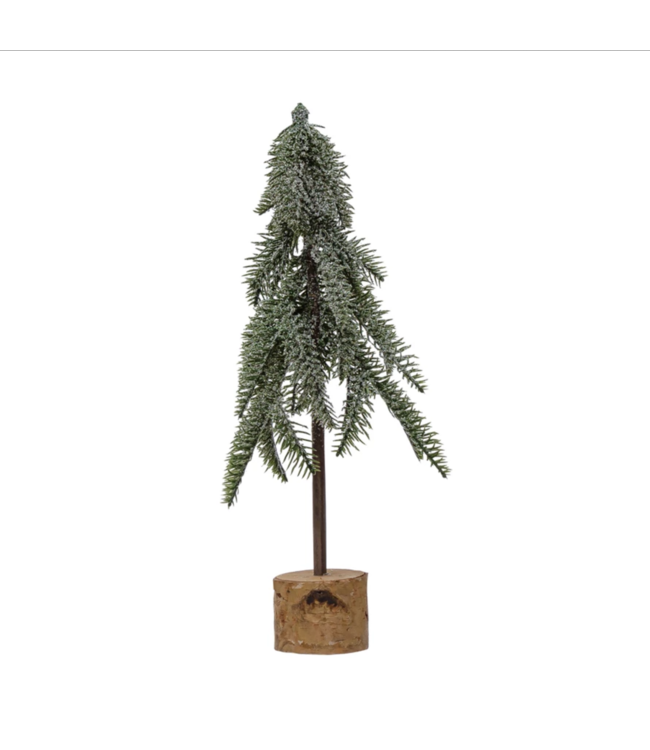 Creative Co-Op Plastic Pine Tree with Wood Slice Base, Snow Finish