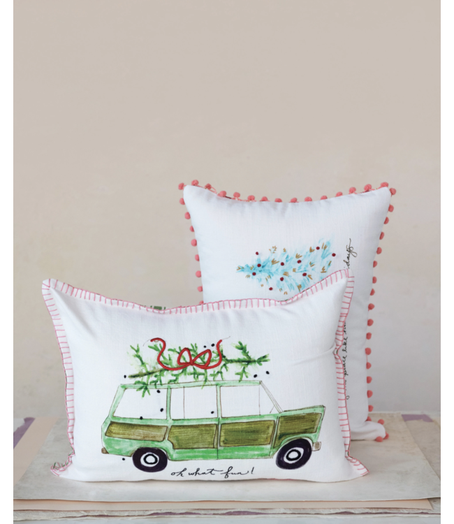 Creative Co-Op Cotton Lumbar Pillow with Car, "Oh What Fun!"