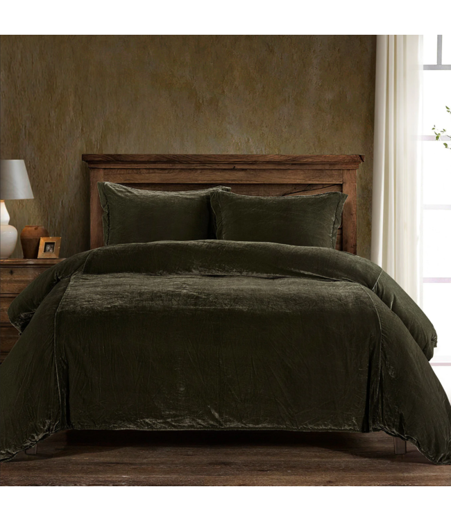 Hiend Accents Stella Faux Silk Velvet Duvet Cover Set- Queen- Fern Green