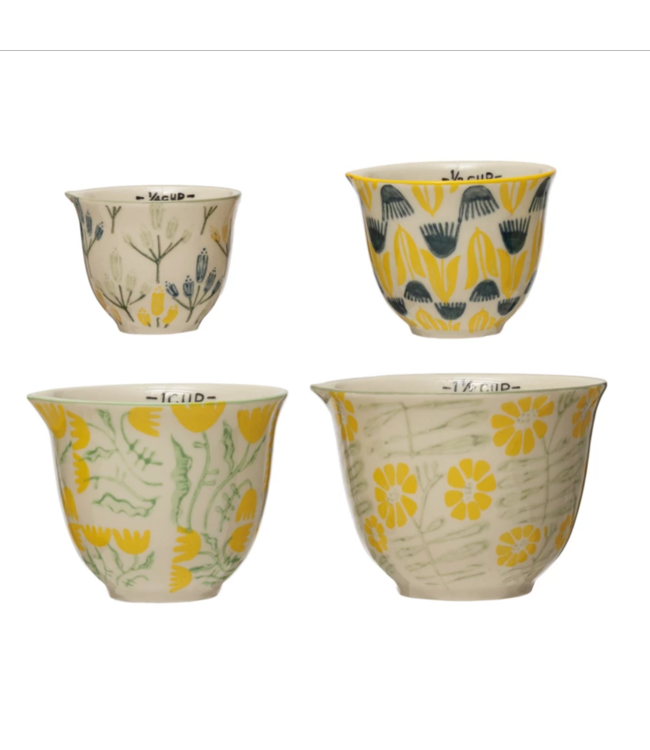 Creative Co-Op Hand-Stamped Stoneware Measuring Cups w/ Flowers, Set of 4