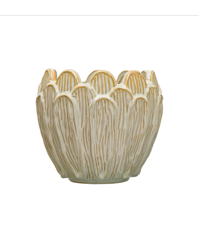 Bloomingville Debossed Stoneware Flower Shaped Planter, Reactive Glaze, Cream Color