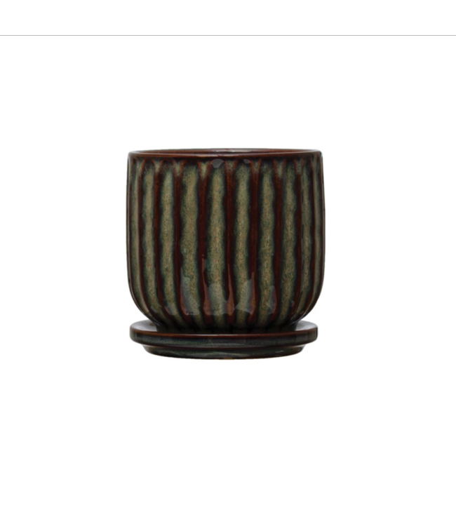 Bloomingville Stoneware Fluted Planter w/ Saucer, Reactive Glaze