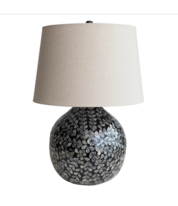 Bloomingville Bamboo & Mother of Pearl Table Lamp w/ Floral Pattern & Linen Shade, Black