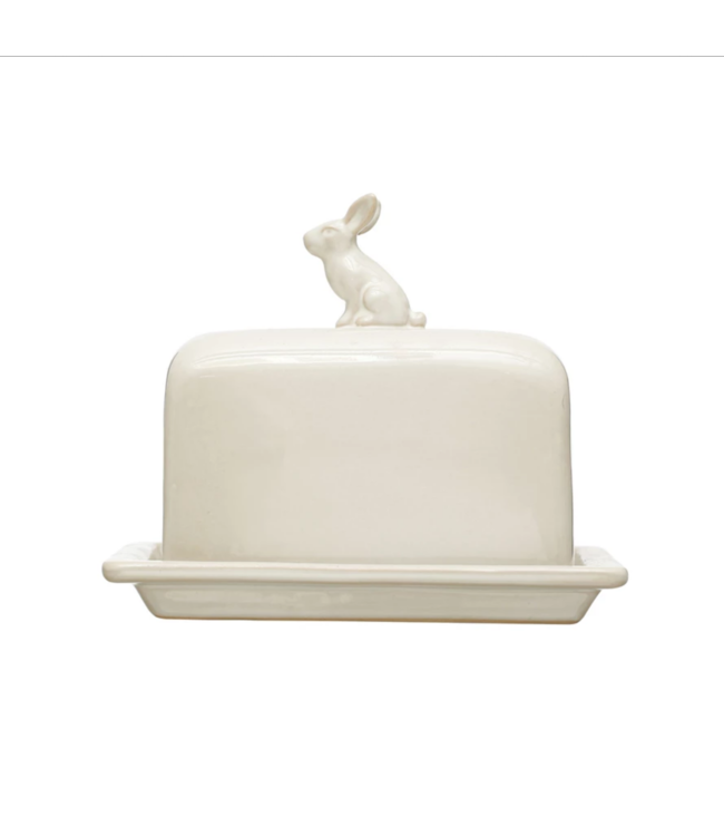 Creative Co-Op Stoneware Butter Dish w/ Rabbit Finial, White