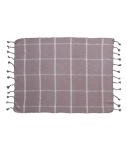 Creative Co-Op Woven Cotton Slub Throw w/ Grid Pattern & Braided Fringe, Lilac Color & White