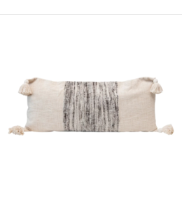 Creative Co-Op Woven Cotton Blend Lumbar Pillow with Varigated Grey Yarns & Tassels, Cream Color