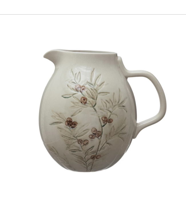 Creative Co-Op 3 Quart Debossed Stoneware Pitcher w/ Olive Branch