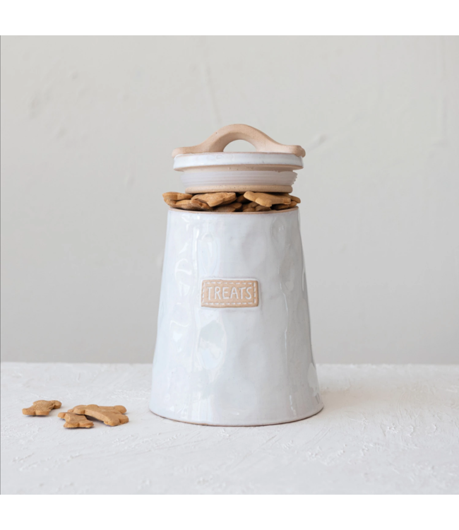 Creative Co-Op Stoneware Pet "Treats" Canister, White & Natural