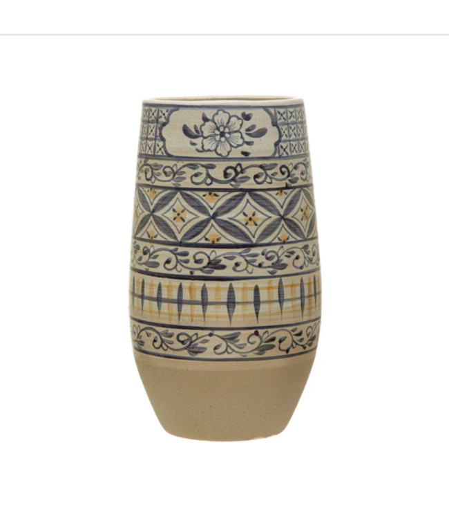 Creative Co-Op Hand-Painted Stoneware Vase, Blue & White