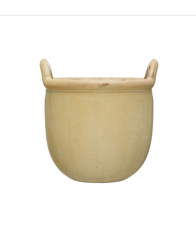 Bloomingville Stoneware Crock w/ Handles, Reactive Glaze, Tan Color