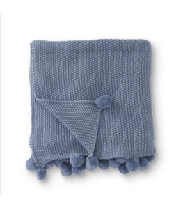 K&K Interiors Light Blue Stitch Knit Throw w/Pompom Trim