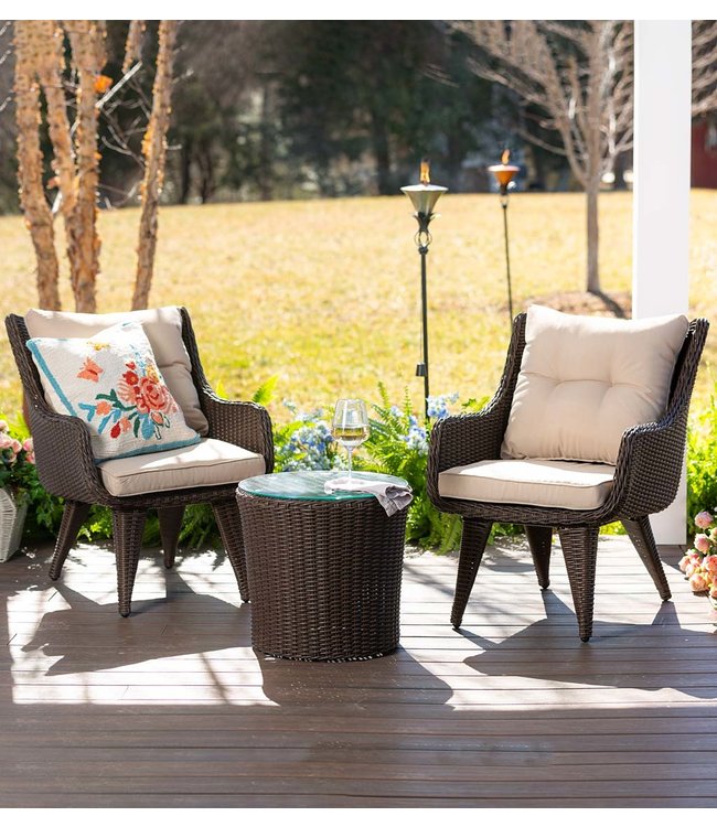 Plow & Hearth Wicker Chairs with Cushions and Table, 3-Piece Set