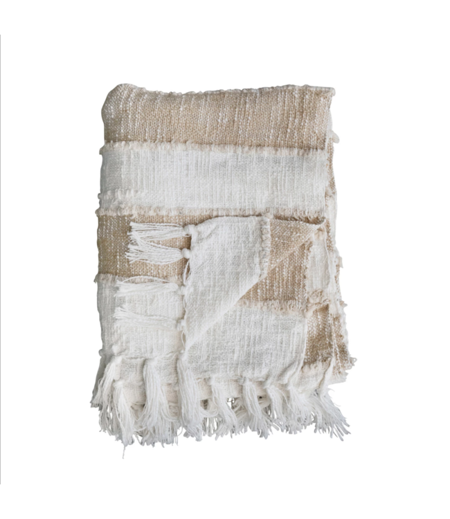 Bloomingville Woven Cotton Throw w/ Stripes & Fringe, Tan Color & Natural
