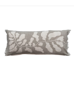 Bloomingville Cotton Lumbar Pillow w/ Botanical Print & Fringe, Sage Color & Natural
