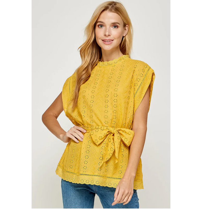 Yellow Belted Eyelet Top - Miss Daisy's Home & Decor Co