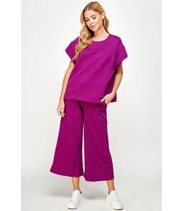 Textured Soft Cropped Wide Pants - Magenta