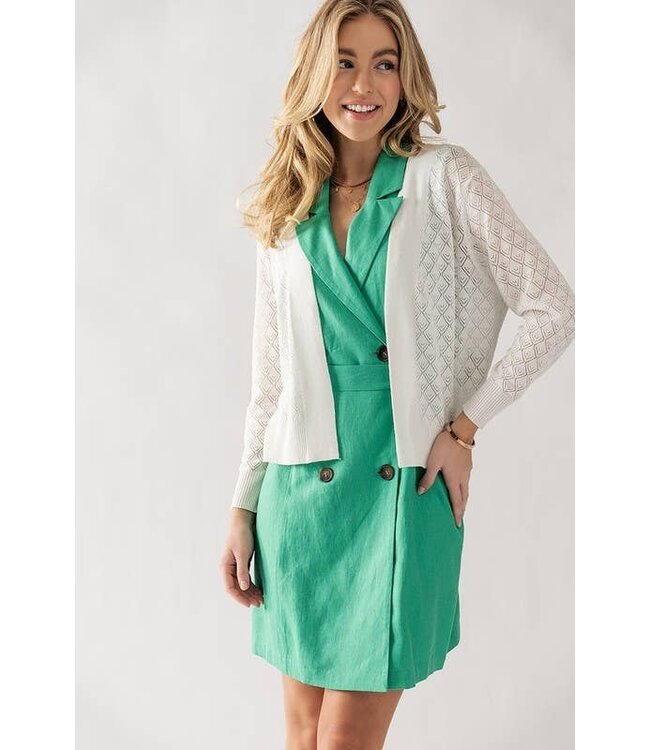 Diamond Punched Long Sleeve Open Front Cardigan - White