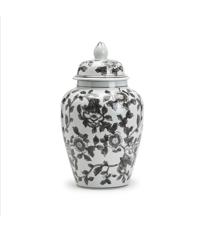 Two's Company Black and White Floral Hand-Painted Ginger Jar - Porcelain