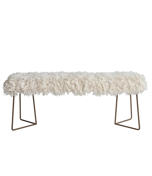 Bloomingville New Zealand Wool Shag Bench w/ Antique Gold Finish Metal Legs, Natural