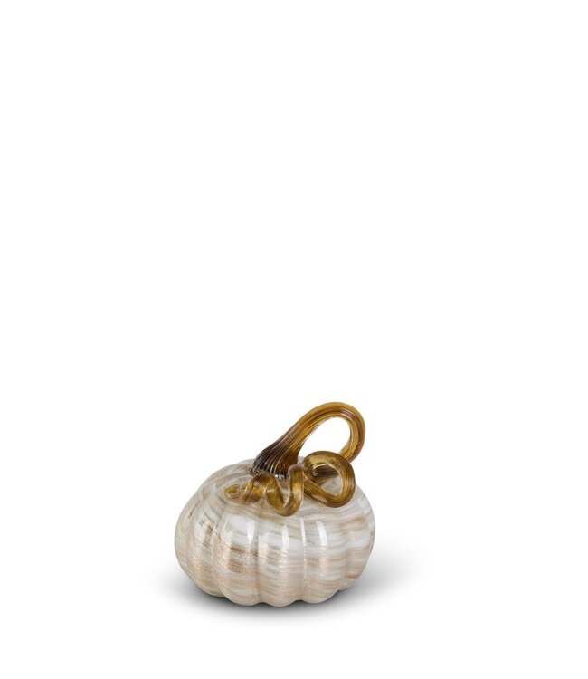 K&K Interiors Small Cream and Gold Swirl Handblown Glass Pumpkin