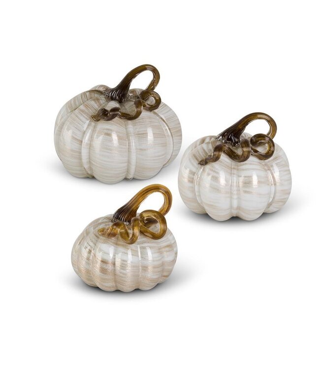 K&K Interiors Medium Cream and Gold Swirl Handblown Glass Pumpkin