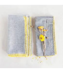 Creative Co-Op Square Cotton Napkins with Embroidered Yellow Edge, Grey, Set of 4