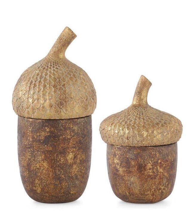 K&K Interiors Gold & Bronze Textured Resin Acorn Lidded Container- Large