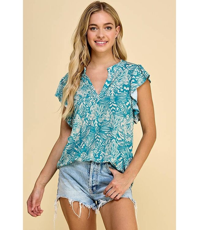 Floral Print V Neck Ruffled Sleeveless Top