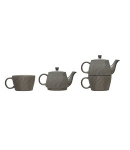 Debossed Stoneware Tea for One, Reactive Glaze, Grey, Set of 2