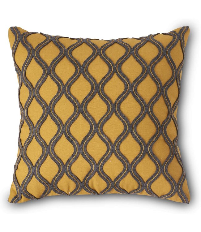 K&K Interiors 15.5 Inch Golden Yellow Square Pillow w/Gray Crisscross Pattern