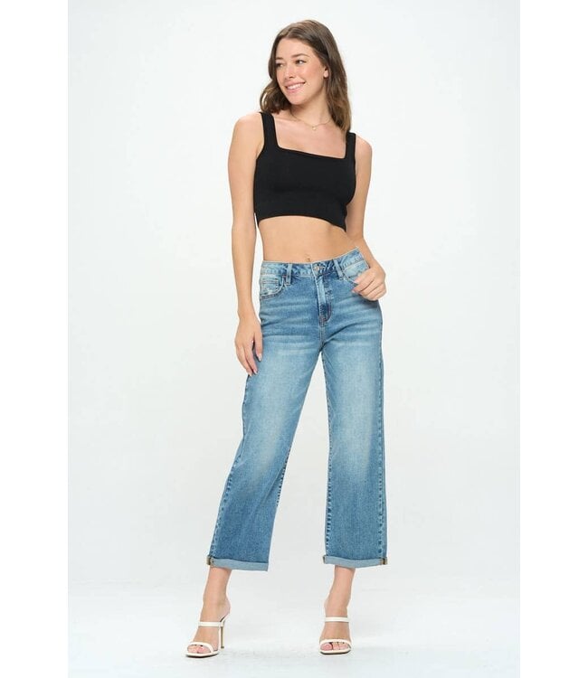 Light Wash - High Rise Roll Up Straight Jeans