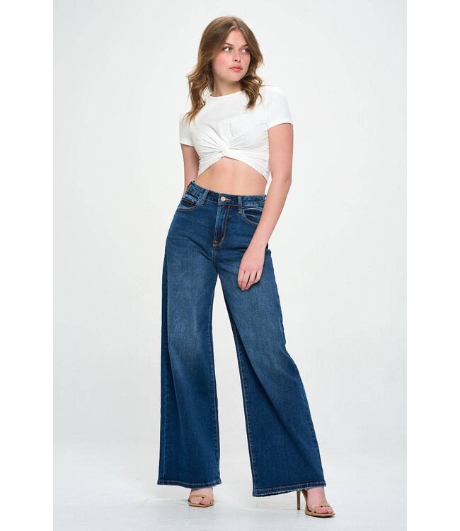 Dark Wash - High Rise Wide Leg Straight Fit Jeans