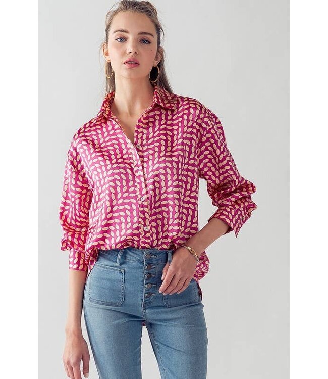 Elsie All Over Printed Button Down Top - Hot Pink