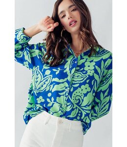 Collared Button Down Leaf Print Top