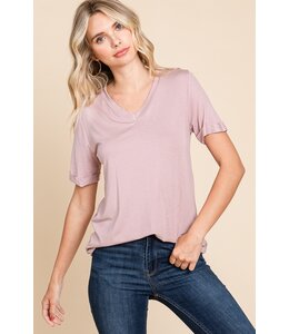 Solid V-Neck Roll Up Short Sleeve Top - Dusty Mauve