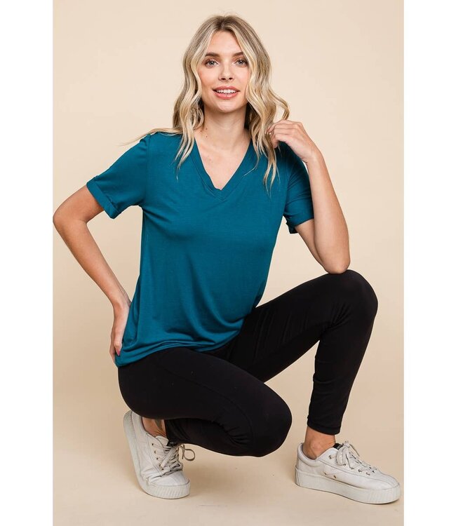 Solid V-Neck Roll Up Short Sleeve Top - Turquoise