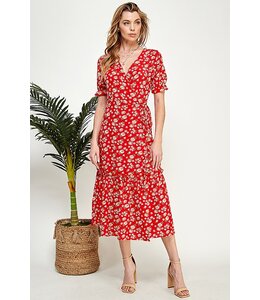 Women Floral Print Ruffle Detail Fitted Tie Dress