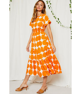 Short Sleeve Polka Dot Midi Dress - Orange