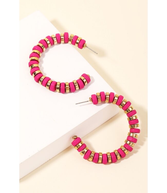 Metallic and Matte Beaded Hoop Earrings - Pink